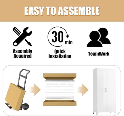 Armoire Wardrobe Closet with Hanging Rod, 71" Tall Metal Clothes Storage Cabinet with Doors and Adjustable Shelves, White Wardrobe Cabinet, Steel Closet for Bedroom, Bathroom, Office, School
