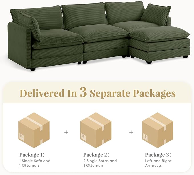 112'' Sectional Modular Cloud Couch, Oversized L Shaped 3 Seat Sofa with Movable Ottomans, 2 Throw Pillows, Upholstered Corduroy L Shape Comfy Deep Couches for Living Room and Office, Green