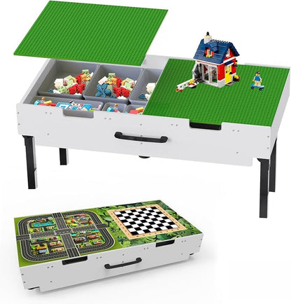 Taladad&kydspac 3 in 1 Table with Storage,Wooden Kids Activity Table Compatible with Lego and Building Block,Construction+Train+Chess Toddler Play Table,Wheels for Under Bed or Sofa Storage