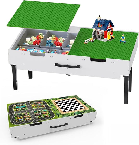 Taladad&kydspac 3 in 1 Table with Storage,Wooden Kids Activity Table Compatible with Lego and Building Block,Construction+Train+Chess Toddler Play Table,Wheels for Under Bed or Sofa Storage