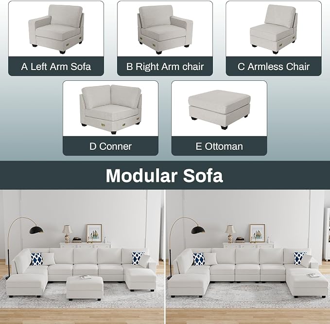 Legend Vansen Oversized Modular Sectional Sofa,U/L‑Shaped Reversible Couch with Ottoman,Deep Seat Plush Polyester Sofa for Living Room,9‑Seater,Cream