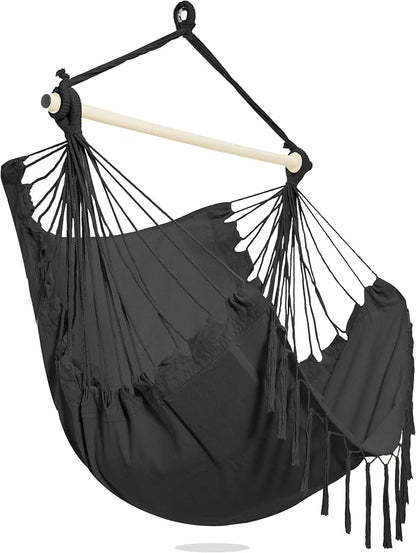 PNAEUT Hammock Chair with Tassel Hanging Rope Swing for Outside Indoor for Bedroom, Outdoor, Patio (Dark Gray with Tassels)