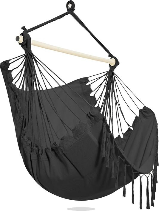 PNAEUT Hammock Chair with Tassel Hanging Rope Swing for Outside Indoor for Bedroom, Outdoor, Patio (Dark Gray with Tassels)