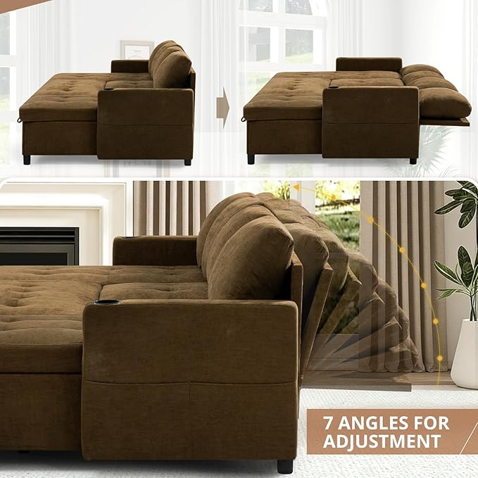 110" U-Shape Reversible Sectional Sofa Bed w/USB Port, Light Brown | Upholstered Sleeper Couch w/Adjustable Backrest and Storage Chaises, Chenille Modern Sofa w/Pull-Out Bed for Living Room