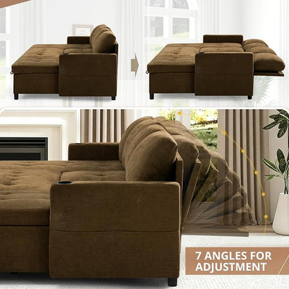 110" U-Shape Reversible Sectional Sofa Bed w/USB Port, Light Brown | Upholstered Sleeper Couch w/Adjustable Backrest and Storage Chaises, Chenille Modern Sofa w/Pull-Out Bed for Living Room