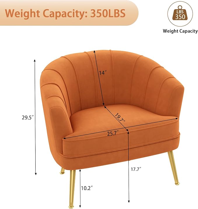 Andeworld Velvet Accent Chair, Upholstered Modern Single Sofa Side Chair,Comfy Barrel Club Living Room Armchair with Golden Metal Legs for Bedroom Living Reading Room Office,Caramel Orange