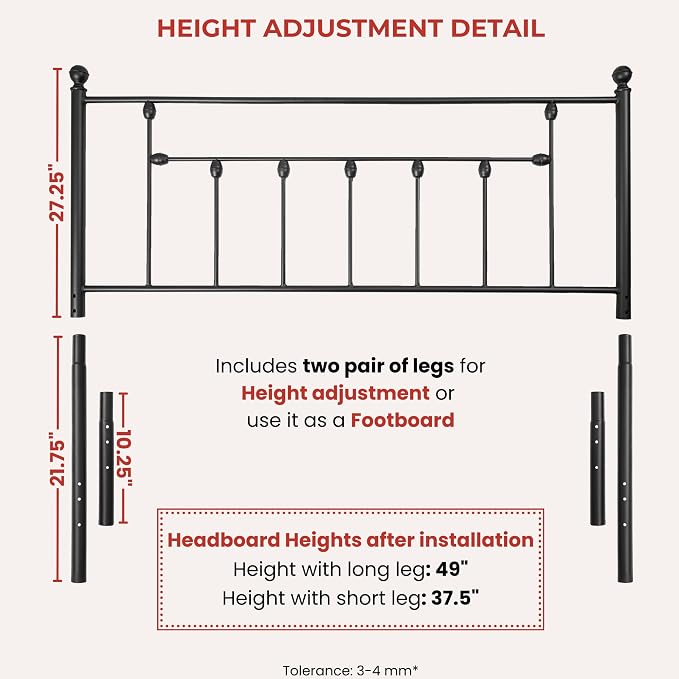 Victorian Metal Headboards, Adjustable Height Iron Frame, Rustic Farmhouse Style, Elegant and Durable Design, Easy Assembly, Universal Fit for Kids & Adults, King Size, Black Finish