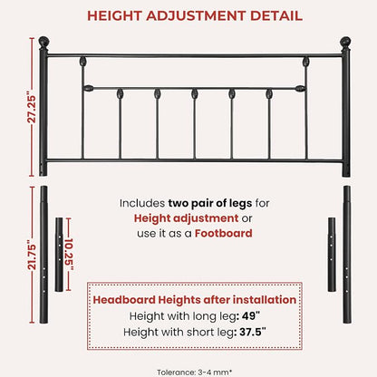 Victorian Metal Headboards, Adjustable Height Iron Frame, Rustic Farmhouse Style, Elegant and Durable Design, Easy Assembly, Universal Fit for Kids & Adults, King Size, Black Finish