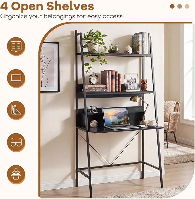 Tangkula 3-Tier Ladder Computer Desk, 71 Inch Modern Writing Desk with Storage Shelves, PC Laptop Workstation, Ladder Bookcase Stand Shelf with Metal Frame, Study Shelf Desk for Home Office (Black)