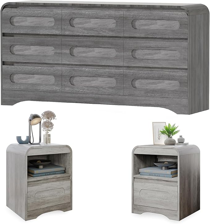 9 Drawer Dresser and Nightstand Sets for Bedroom, 3 Piece Bedroom Set | Wood 9 Drawer Dresser & Night Stand Set of 2, Large Chest of Drawers Modern Storage Cabinet Bedroom Furniture Set, Grey