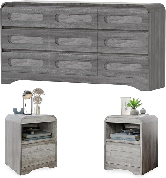 9 Drawer Dresser and Nightstand Sets for Bedroom, 3 Piece Bedroom Set | Wood 9 Drawer Dresser & Night Stand Set of 2, Large Chest of Drawers Modern Storage Cabinet Bedroom Furniture Set, Grey