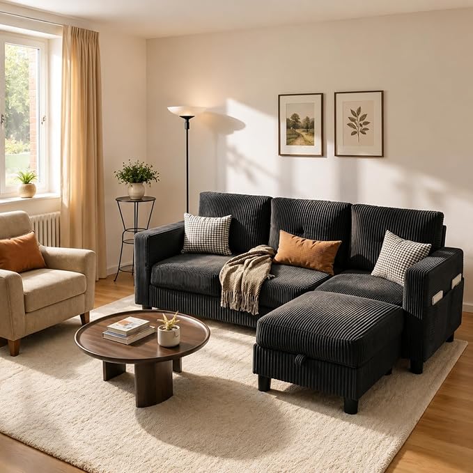 Convertible Sectional Sofa with Storage Ottoman, 77” L-Shaped 3-Seat Couch with Skin-Friendly Corduroy Fabric, Reversible Small Sectional for Small Space, Apartment, Living Room and Office(Black)