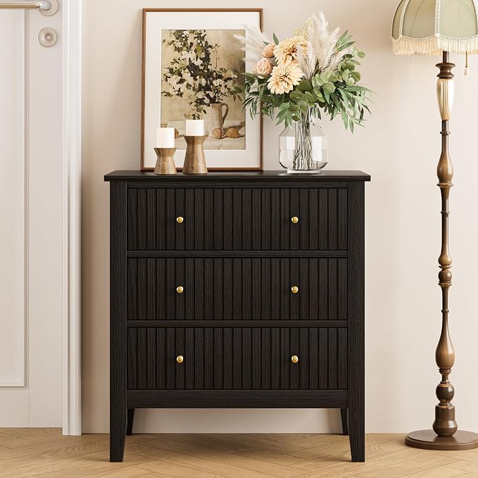 Night Stand, Fluted 3 Drawer Wide Farmhouse Nightstand with Gold Handle, Modern Wooden Bedside End Table for Bedroom, Living Room, Black