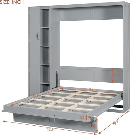 Merax Full Size Murphy Bed Wall Bed with Shelves, Drawers and LED Lights,Gray