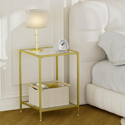 HOMSHO Side Tables Set of 2, End Table with Tempered Glass, 2-Tier Nightstands with Storage Shelves, Coffee Table with Modern Style, Square Sofa Table for Living Room, Bedroom, 15.7"D x 15.7"W, Gold