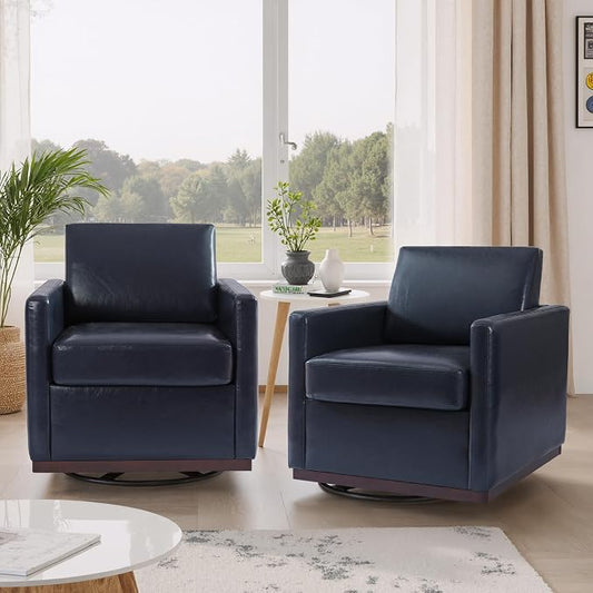 360° Swivel Accent Chairs Set of 2, 31" Wide Faux Leather Upholstered Club Armchairs for Living Room, Comfy Square Swivel Barrel Chair with Metal Base, Navy