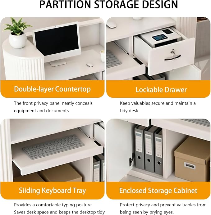 Modern Reception Desk Check Out Counter Front Desk for Spa Salon Office | Power Outlet Lockable Cabinet Keyboard Tray Privacy Panel Cable Grommet Open Storage Storage Cabinet