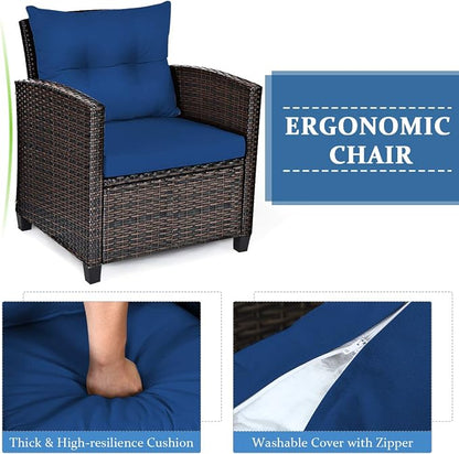 Tangkula 3 Pieces Patio Furniture Set, PE Rattan Wicker 3 Pcs Outdoor Sofa Set w/Washable Cushion and Tempered Glass Tabletop, Conversation Furniture for Garden Poolside Balcony (Blue)
