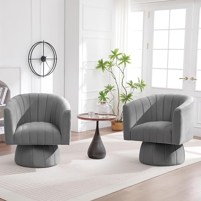 Swivel Accent Barrel Chair Set of 2, Cute Comfy Small Round 360° Arm Chair, Velvet Sofa Club Reading Chair for Living Room Bedroom Office Grey