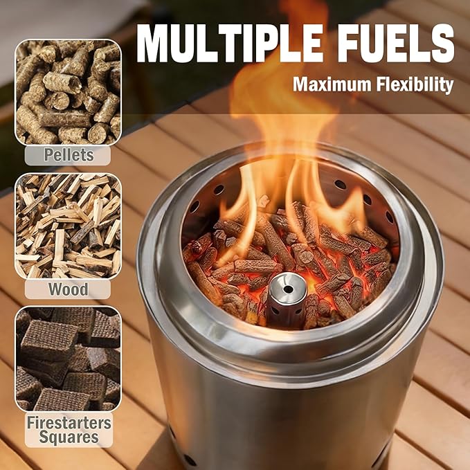 9.7 x 7.1 inch Tabletop FirePit, VivaGarden Portable Fire Pit Outdoor, Wood and Pellets Burning Camping Stove with Carry Bag, Forks, Mat and Pot Stand (Silver)