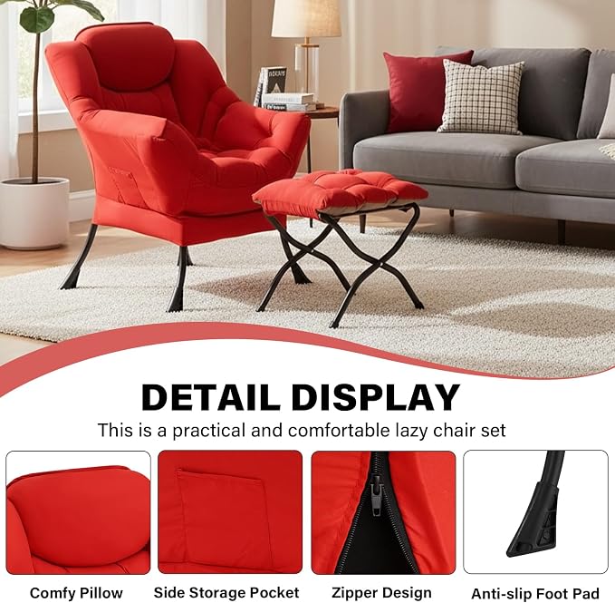 Lazy Chair with Ottoman, Modern Accent Chair Contemporary Sofa Chair with Armrests, Reading Chair and Folding Footstool Set for Living Room, Bedroom, Office, Red