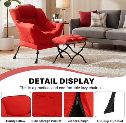 Lazy Chair with Ottoman, Modern Accent Chair Contemporary Sofa Chair with Armrests, Reading Chair and Folding Footstool Set for Living Room, Bedroom, Office, Red