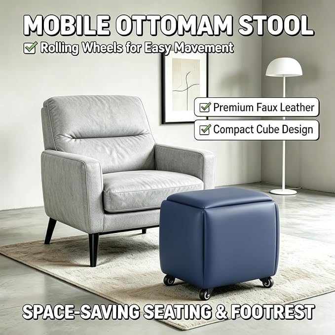 5 in 1 Nesting Ottoman Cube Chair, Stackable Stools, Leather Square Ottoman Bench, Foot Stool with Wheels for Living Room,Dining Room 15.75x15.75x16.54 inches