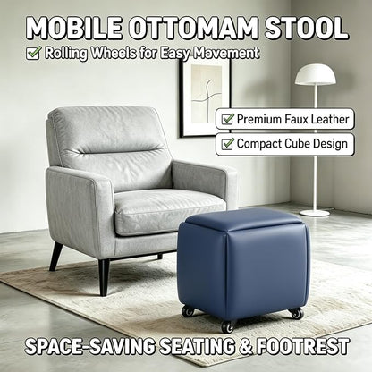 5 in 1 Nesting Ottoman Cube Chair, Stackable Stools, Leather Square Ottoman Bench, Foot Stool with Wheels for Living Room,Dining Room 15.75x15.75x16.54 inches