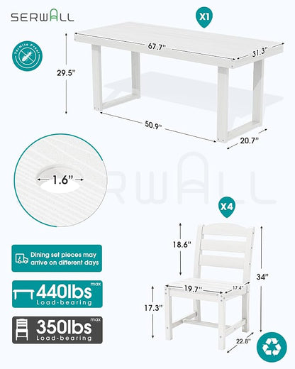 SERWALL HDPE Outdoor Dining Set for 4, 67'' Patio Table and Chairs Set | with Armless Seat