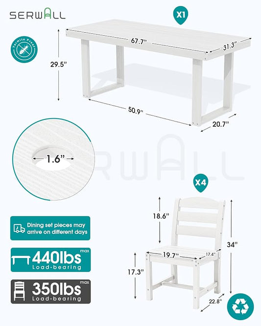 SERWALL HDPE Outdoor Dining Set for 4, 67'' Patio Table and Chairs Set | with Armless Seat