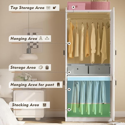 MEISSALIVVE Armoire Wardrobe Closet with 4 Door, 74.8" Large Wardrobe Cabinet with Hanging Rod, Freestanding Modern Bedroom Armoire Storage Cabinet, White
