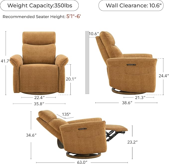 CHITA Power Recliner Chair, Electric Triple-Motor Swivel Glider Nursery Rocking Chair with Adjustable Power Headrest and Lumbar Support, GREENGARD Gold Certified, Solid Wood Base, Cognac