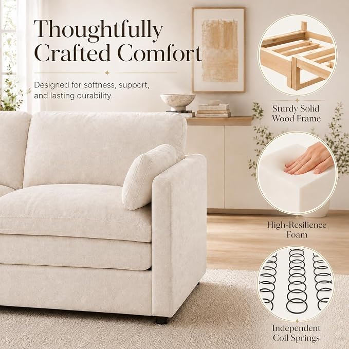 Esright Apartment Cloud Couch, 89-Inch 3-Seat Chenille Sofa, Cream White | Skin-Friendly Fabric, Deep 22" Seat, 2×6.3" Plush Back Pillows, Wood Frame, 800-Lb Support for Studios and Living Rooms