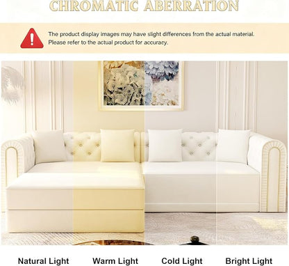 90.6'' Futon Sofa Bed, Chesterfield Velvet Sleeper Sofa, Convertible Floor L-Shaped Couch, Tufted Back, 4 Pillows, Gold Edge Trim, Deep Loveseat Couches for Living Room, Apartment, Gold Beige