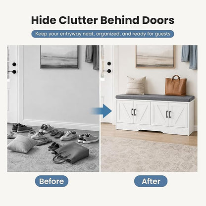 NEWBULIG Shoe Storage Bench for Entryway with Cushion, 47.2IN, White | Shoe Organizer Cabinet with Padded Cushion and Doors, Adjustable Shelves, Shoes Bench for Hallway, Mudroom, Bedroom