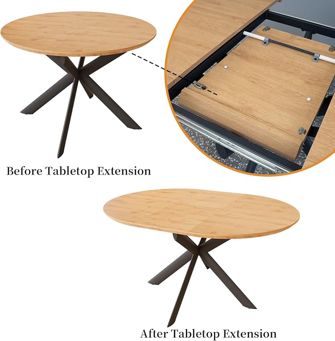 HIPIHOM 43.2"-59.1" Extendable Round Kitchen Table Set for 6 | Round dining table with 6 PU leather chairs, mid century oak, MDF board, space saving, for 4-6 persons
