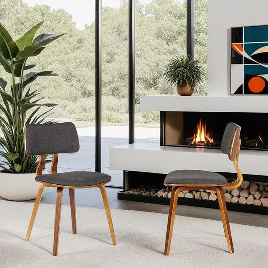 Armen Living Jaguar Mid-Century Dining Chair in Walnut Wood and Charcoal Fabric - Set of 2