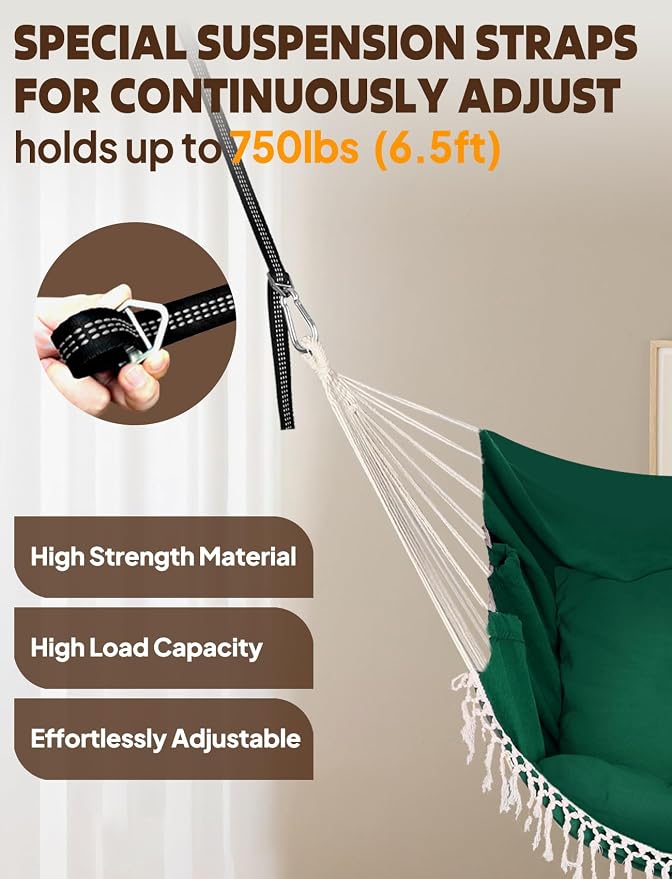 Chihee Hammock Chair Hanging Swing 2 Pillows Included,Strong Webbing Straps and Hooks for Easy Hanging Soft Cotton Hanging Chair Side Pocket Tassel Chair Comfort Indoor Outdoor