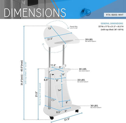 Adjustable Height Rolling Laptop Cart with Storage, Sit to Stand Desk with Wheels, Podium Stand or Medical Cart, White