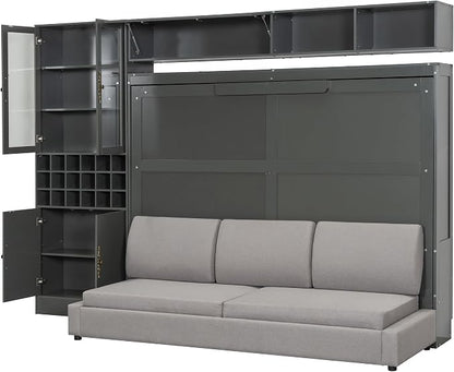 Queen Murphy Bed with Couch, Storage Shelves and USB, Folding Wall Bed | Stores bed and mattress together, with built-in light, 600 lbs capacity and 8-10 in mattress support for small spaces