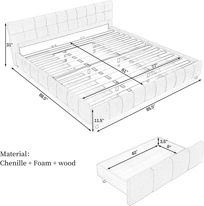 KEIKI King Thick Chenille Bed Frame with 4 Storage Drawer & Upholstered Tufted Headboard, Modern Solid Wood Floor Platform for Bedroom, No Box Spring Needed