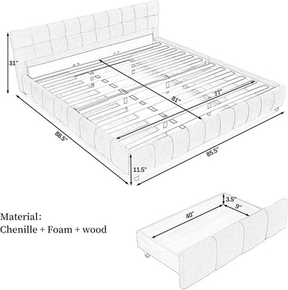 KEIKI King Thick Chenille Bed Frame with 4 Storage Drawer & Upholstered Tufted Headboard, Modern Solid Wood Floor Platform for Bedroom, No Box Spring Needed