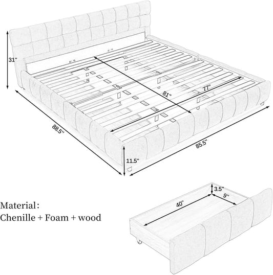 KEIKI King Thick Chenille Bed Frame with 4 Storage Drawer & Upholstered Tufted Headboard, Modern Solid Wood Floor Platform for Bedroom, No Box Spring Needed