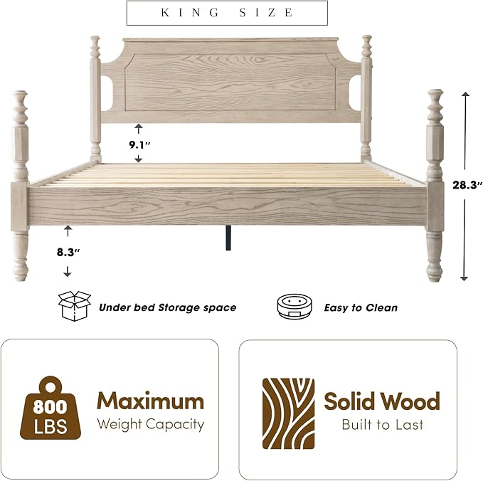 Solid Wood King Size Platform Bed Frame with Headboard & Footboard, 12 Sturdy Slats Base, Center Metal Legs, Noise-Free, No Box Spring Needed, Easy Assembly, Driftwood Gray Oak Finish, ROK-33