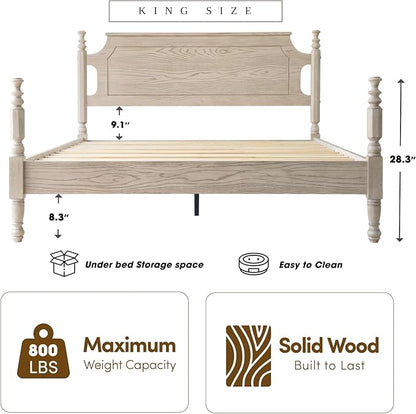 Solid Wood King Size Platform Bed Frame with Headboard & Footboard, 12 Sturdy Slats Base, Center Metal Legs, Noise-Free, No Box Spring Needed, Easy Assembly, Driftwood Gray Oak Finish, ROK-33