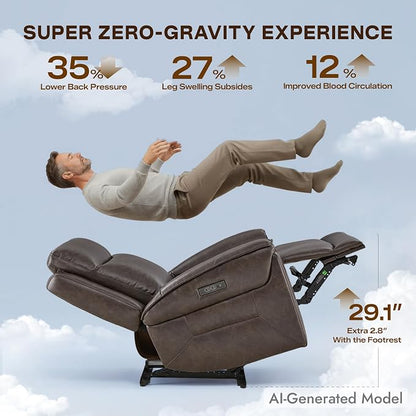 Watson & Whitely Super Zero Gravity Power Recliner Chairs with Power Headrest Leather Recliner with USB/Type-C Ports for Adults, Electric Reclining Sofa Chair for Living Room, Bedroom, Chocolate