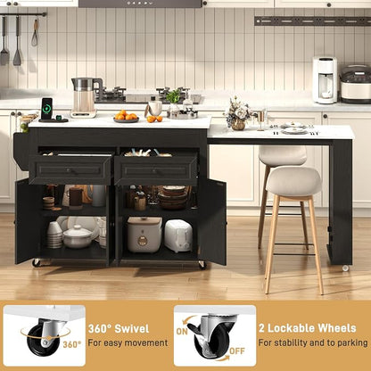 80"-48" Extendable Kitchen Island with Extended Dining Table and Power Outlet,Large Mobile Kitchen Storage Islands with 2 Storage Drawers,Rolling Islands Cart with 3 Extra Rows Open Shelves(Marble Bl)