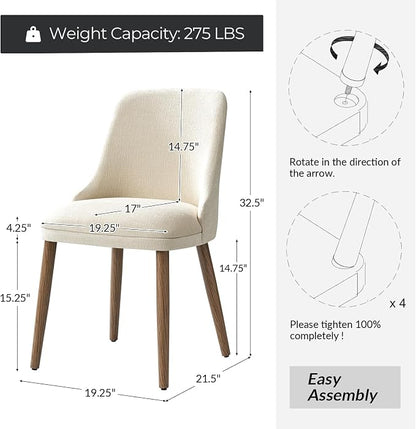 Upholstered Dining Chairs Set of 2, Fabric Dining Room Chairs with Curved Backrest, Solid Wood Legs, Modern Kitchen Chairs for Dining Room Living Room, Ivory