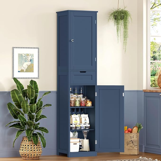 Iwell 67" Tall Bathroom Cabinet, Storage Cabinet with 2 Doors & 1 Drawer, Bathroom Storage Cabinets with Adjustable Shelves, for Living Room, Laundry Room, Home Office, Blue