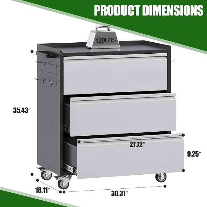 Aobabo Metal Rolling Tool Storage Cabinet with Drawers, Side Pegboards, Left Handle, Lockable Casters, Garage Workshop Utility Cart, 18.11 D x 30.3 W x 35.4 H Inches,Assembly Required